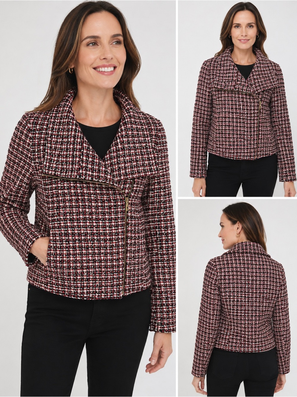 Talbots Pink Multi Tweed Zip-Front Blazer Jacket